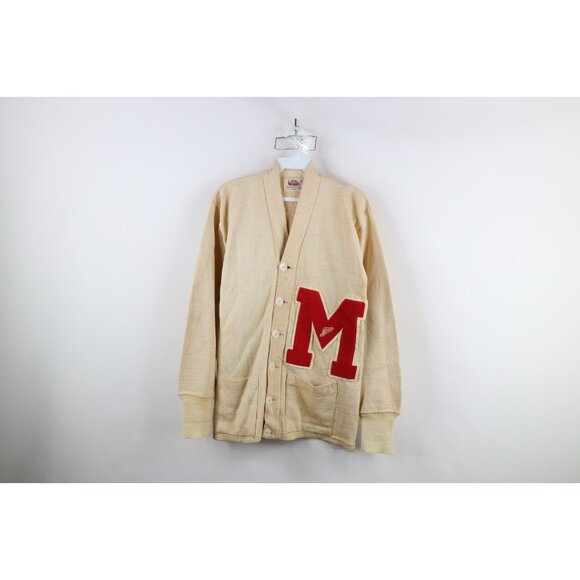 Vtg 50s Mens 40 Thrashed Wool Knit Track Varsity Letterman Cardigan Sweater USA